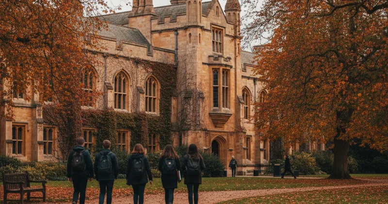 university campus building exterior surrounded by autumn trees, wide shot
