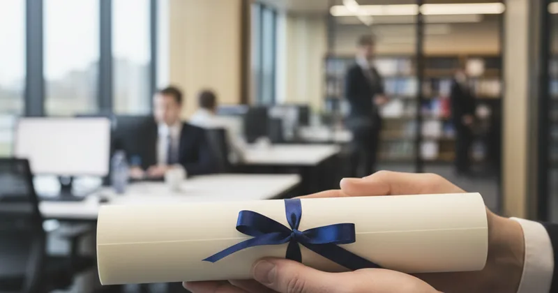 hands holding a diploma-shaped envelope in a professional setting, no faces