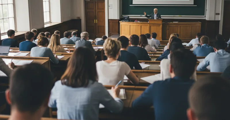 lecture hall photographed from the back row with blurred figures taking notes
