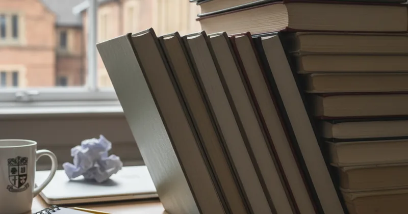 stack of textbooks on a desk with a highlighter and notepad, study context