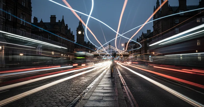 long exposure of flowing light trails on a dark background, cinematic abstract