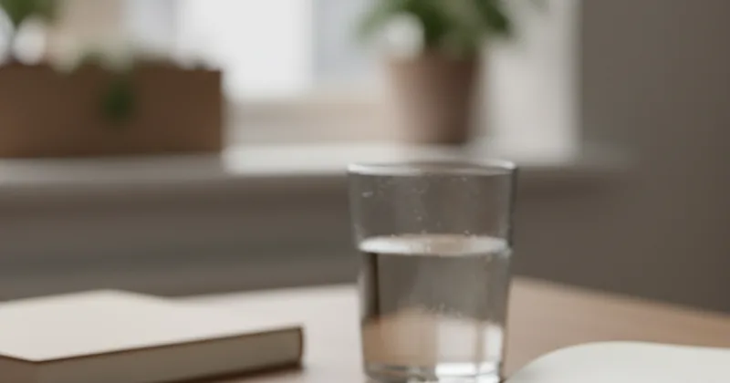 soft focus workspace objects arranged minimally — pen, notebook, glass of water