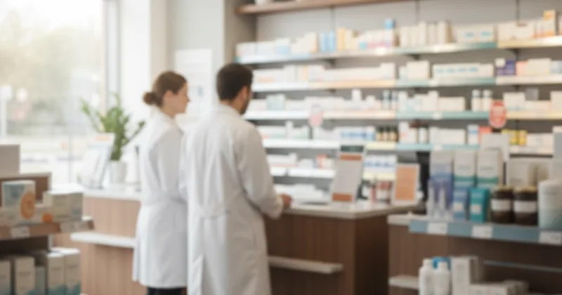 interior wide shot of a community pharmacy with blurred product aisles, neutral lighting