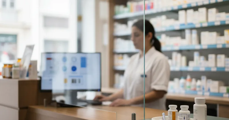 pharmacy counter from the customer perspective with a blurred staff silhouette behind it