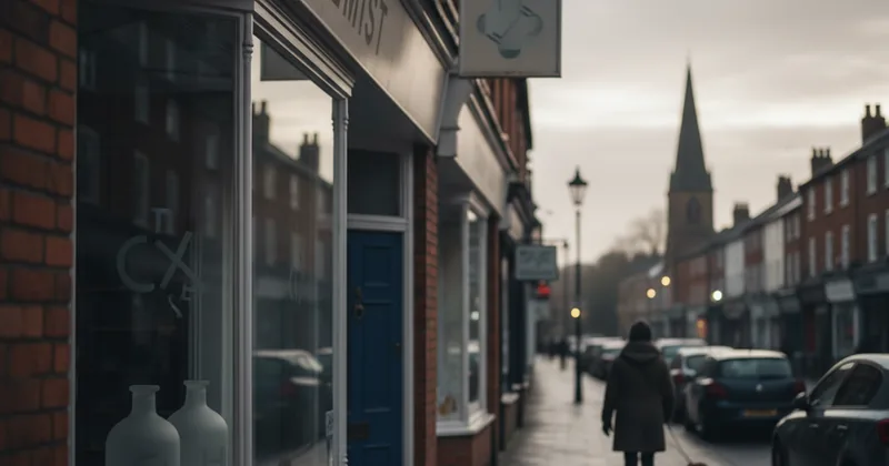 outside of a generic pharmacy on a quiet UK high street in early morning, soft grey light