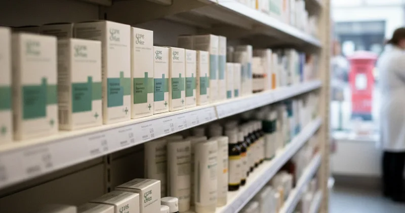 pharmacy shelving photographed diagonally with shallow depth of field, no readable text