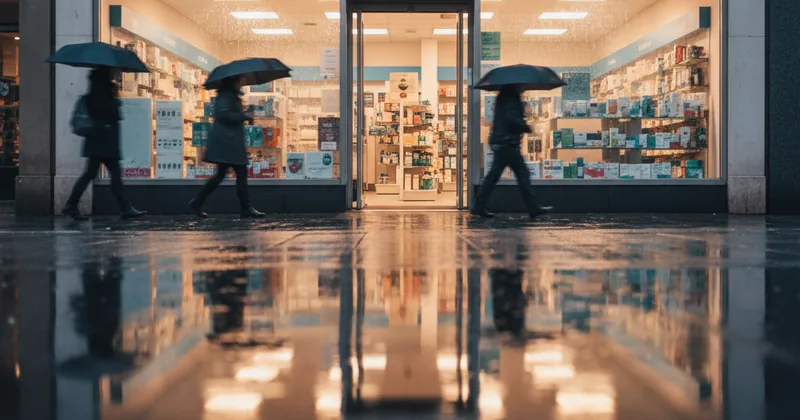 UK high-street pharmacy shopfront exterior at dusk, generic unmarked sign, wet pavement reflection
