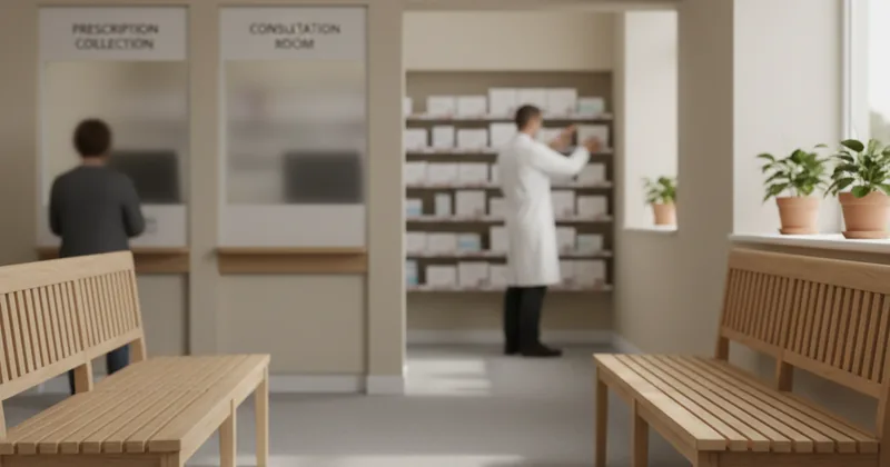 quiet pharmacy waiting area with wooden seating and neutral unmarked signage