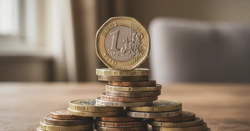 abstract close-up of British pound coins stacked on a wooden surface, soft light