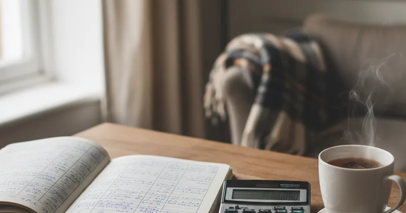open notebook with handwritten numeric figures, calculator, cup of tea, wooden desk