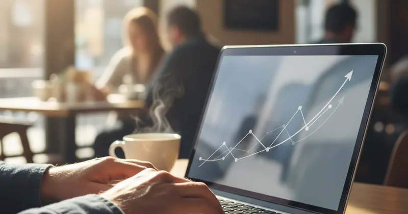 hands typing on a laptop with an abstract upward line chart on the screen