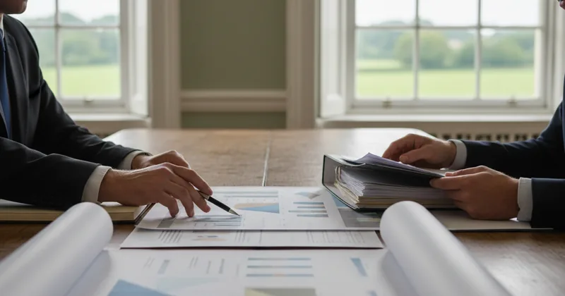 two professionals reviewing paperwork at a table, printed charts visible, faces out of frame