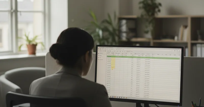 over-shoulder view of a person reviewing a spreadsheet on a desktop monitor in a quiet office