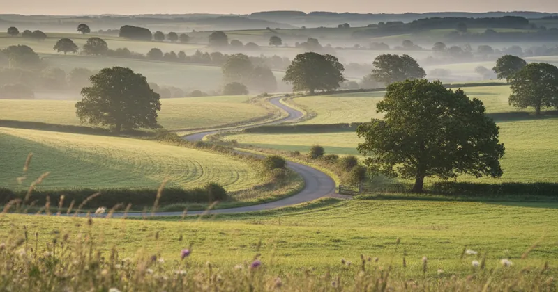 countryside road winding through English rolling hills, soft morning light