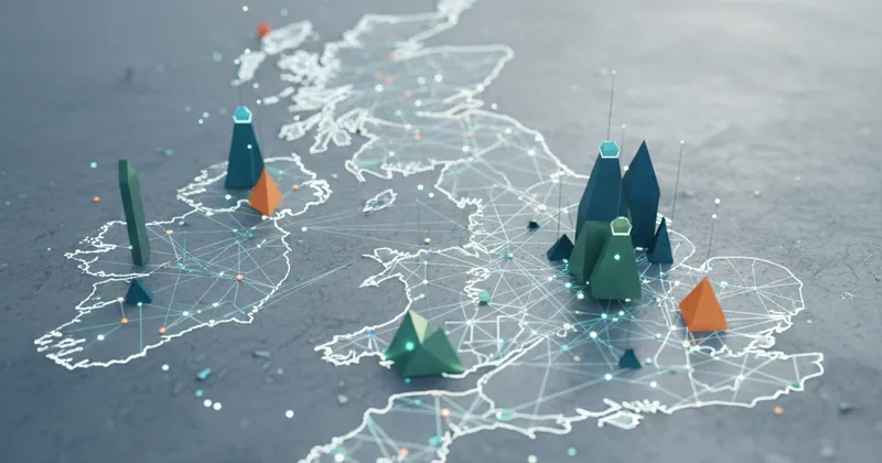 stylised cartographic outline of the United Kingdom with abstract data overlay shapes, no text