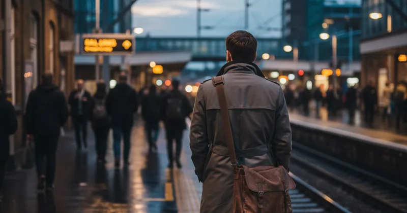 UK train station platform at dusk with a commuter carrying a bag, back view