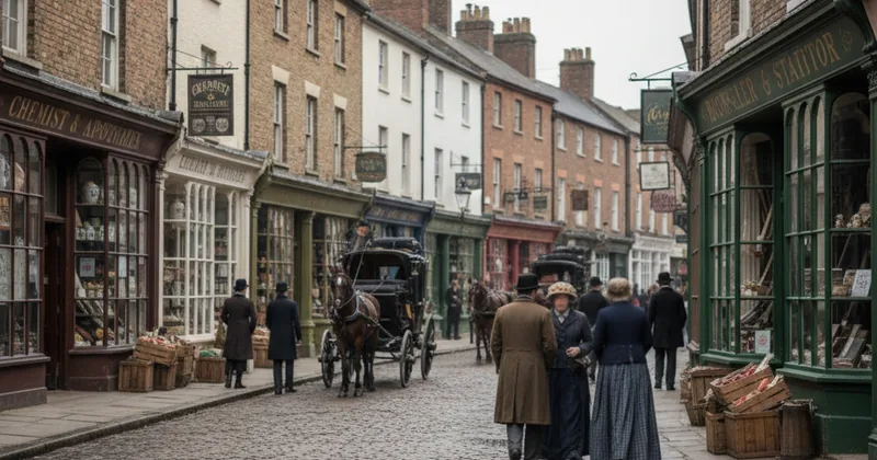 Victorian-era UK high street with independent shops, daytime, no brand signage