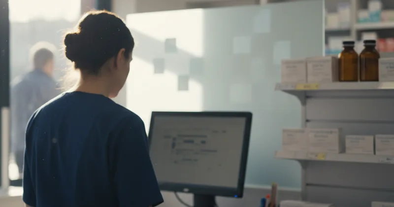 pharmacy worker photographed from behind, typing on a workstation in a dispensary