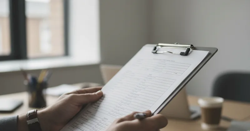 hands writing on a clipboard, wristwatch visible, professional workspace context