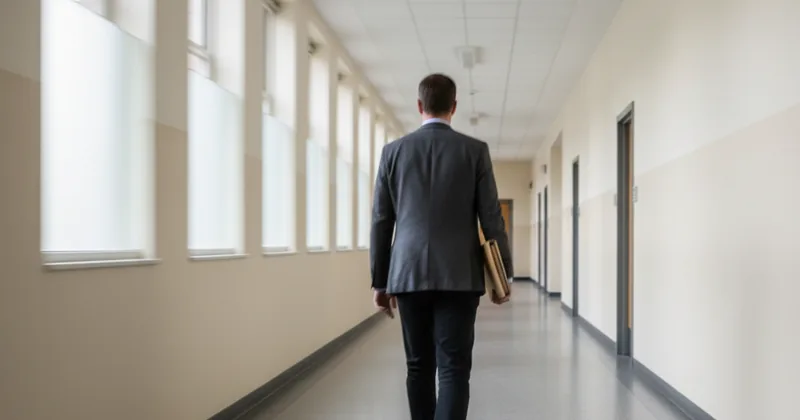 figure walking through a corridor carrying a folder, gentle motion blur, back view