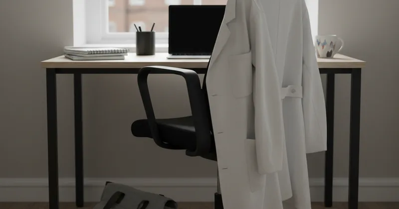 empty office desk with a white coat draped over the chair and a shoulder bag on the floor