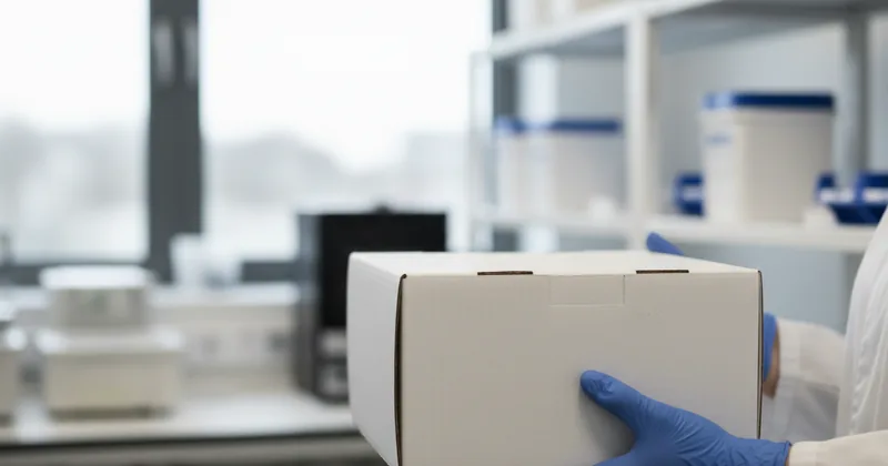 hands in blue nitrile gloves holding a plain unmarked white box, workplace context