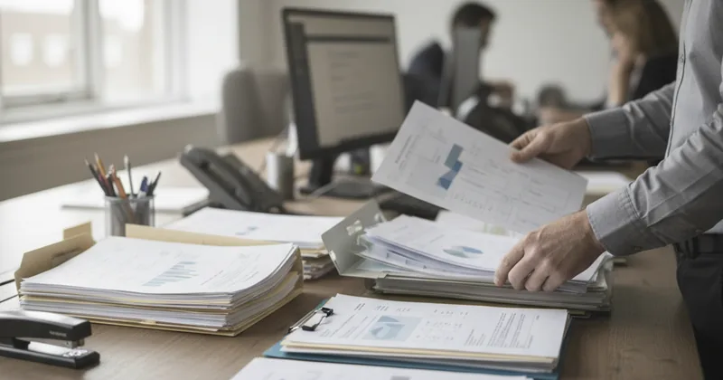 hands sorting through paperwork at a desk in a professional workplace, no faces