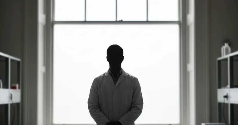 silhouette of a person in a white coat against bright window light, anonymous