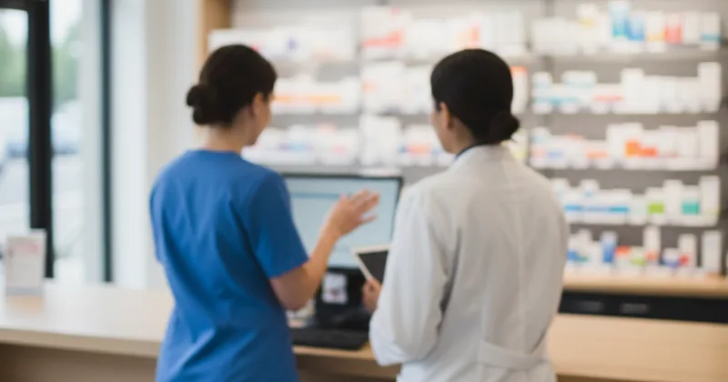 back view of two staff members conferring at a pharmacy counter, faces not visible