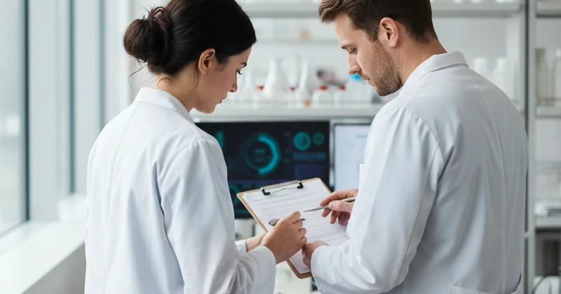 two colleagues in white coats reviewing a clipboard together, faces turned away from camera